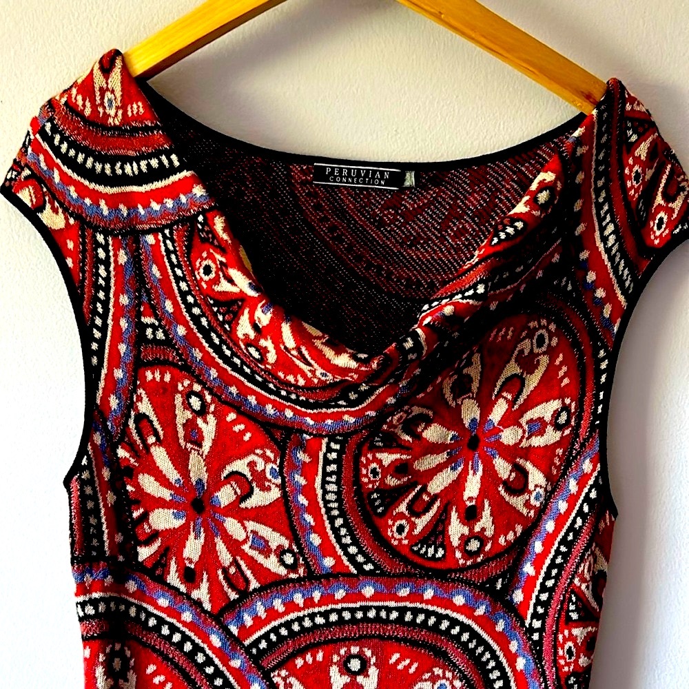 Peruvian Connection Red and Black Patterned Midi Dress Pima Cotton
